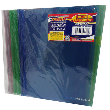 FOLDER TRANSPARENTE CON COSTILLA PQT C/12 MOD. PA-FOCO-SURCO PASCUA