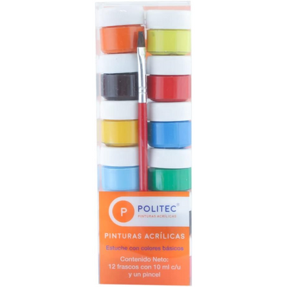 ESTUCHE PINTURA SURTIDO C/12 COLORES 10ML+PINCEL POLITEC