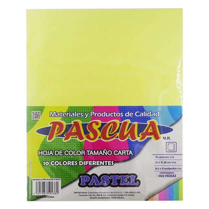 HOJA IRIS DE COLORES PASTEL, TAMAÑO CARTA, PAQUETE CON 100 PIEZAS, VARIOS COLORES. MARCA: PASCUA.