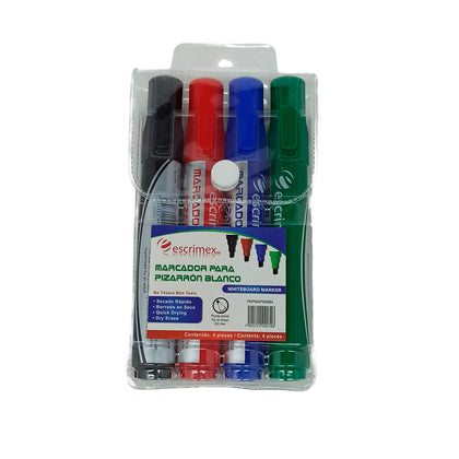Marcadores Didacticos para Pizarron. Caja con 4 Marcadores en Color Azul, Negro, Rojo y Verde  Marca Escrimex
