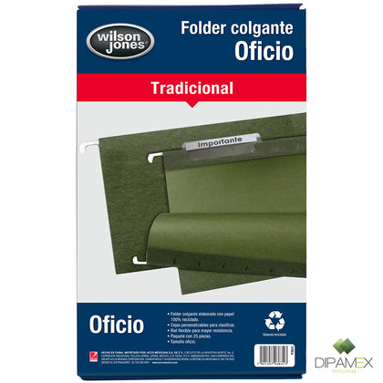 Folder Archivo Colgante Tamaño Oficio, Color Verde, Caja con 25 Piezas.  P3631  Marca WILSON JONES